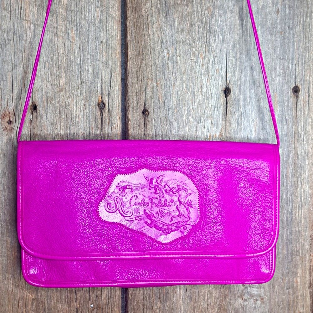 80s Retro Barbiecore Carlos Falchi Pink Leather Shoulder Bag Embossed Reptile